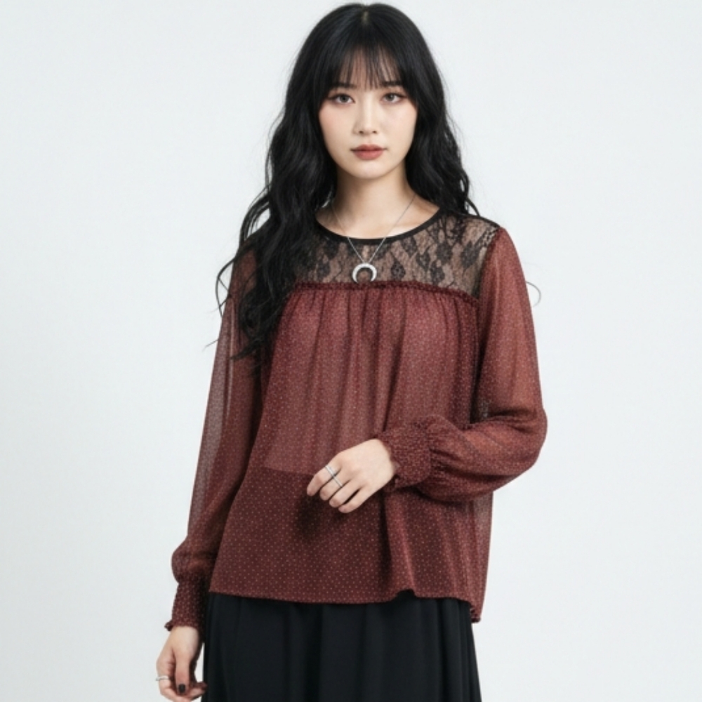 Pleione Blouse Leopard Red Black Lace Sheer Peasant L